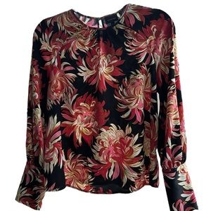 Who what wear black pink floral print bell puff long sleeve top blouse small